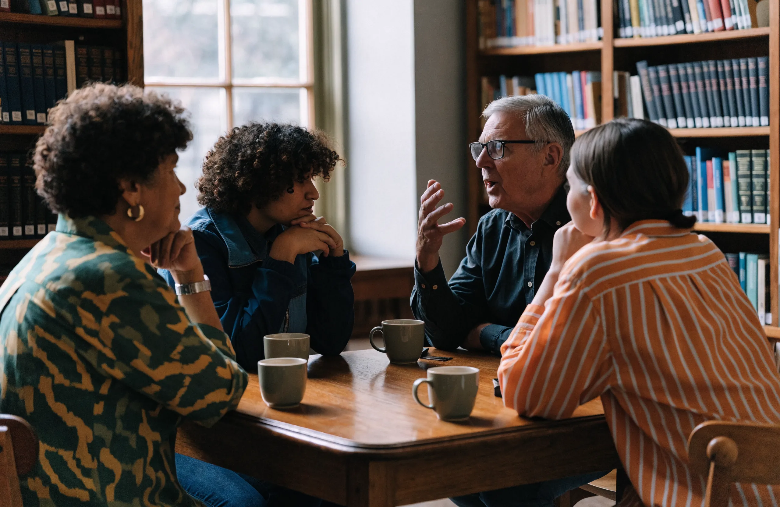 A small group of adults talking over tea at a community conversation group in a UK library