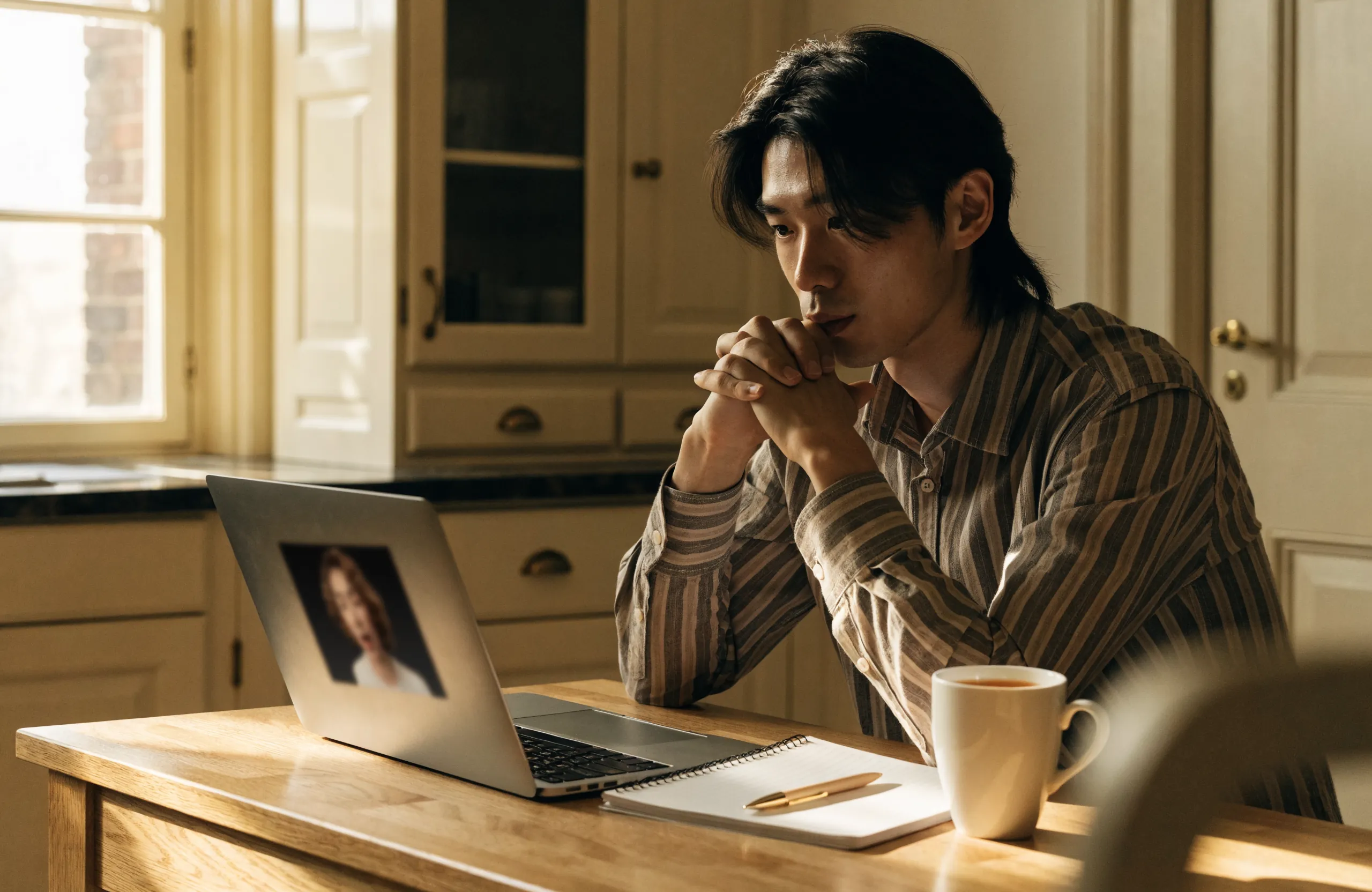 A newcomer practising spoken English with a tutor on a video call at a kitchen table